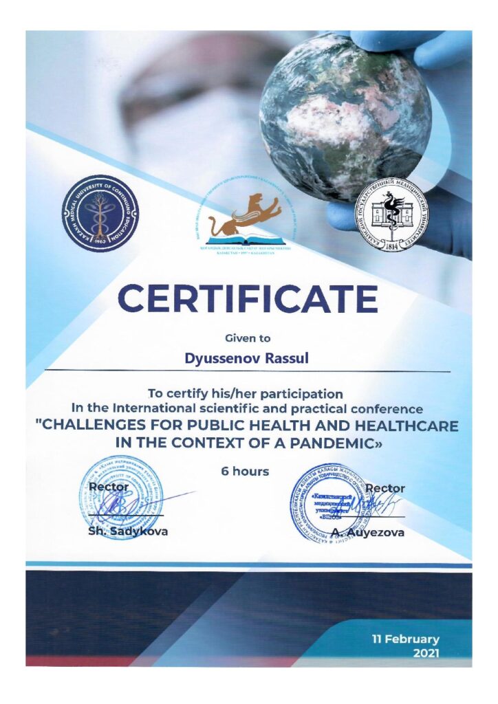 International scientific and practical conference sertificate for Rasul Dusenov